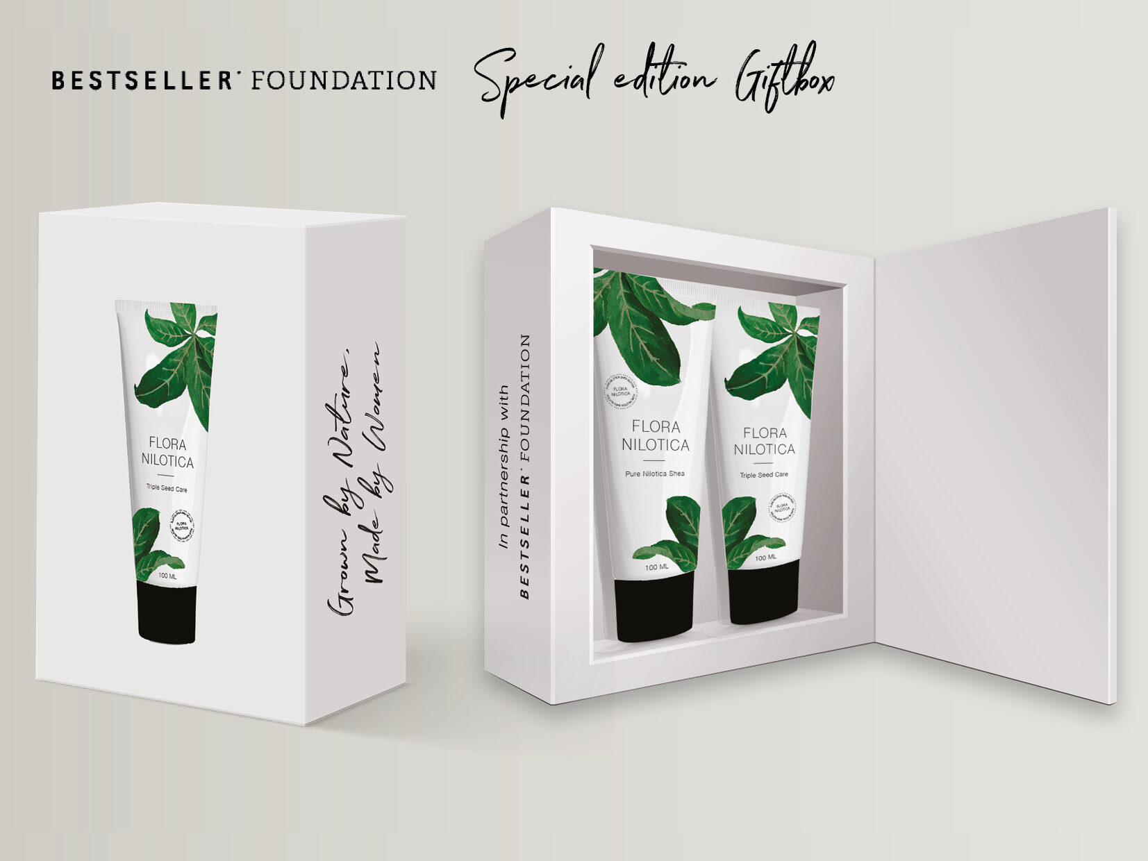 Flora Nilotica produktboks med cremer designet af Ann Christina Lykke ved A FAIR AGENCY
